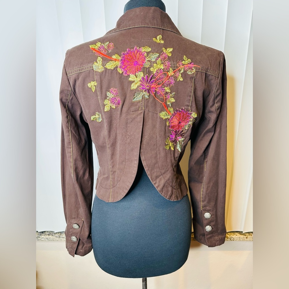 Y2K Poison Ivy Embroidered Brown 100% Cotton Cropped Jacket Boho Size Medium